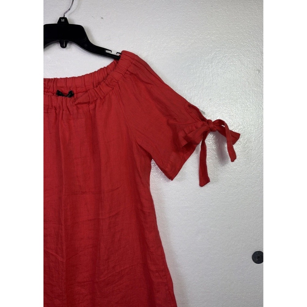 Linen Dress Lungo L' Arno Italy Womens Sz L Red Tie sleeve Lace Boho Beach NWT - Picture 2 of 11